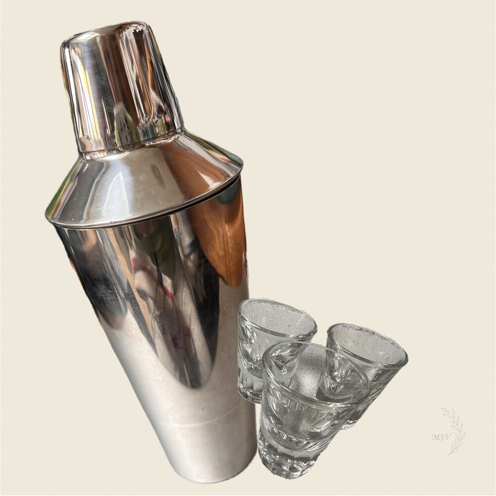 Cocktail Shaker Set Stainless Steel Irvinware 3 Glasses Vintage